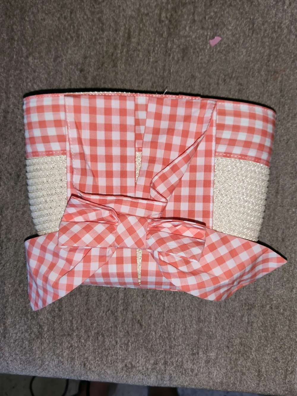 Tahari Coral Gingham Straw Tote